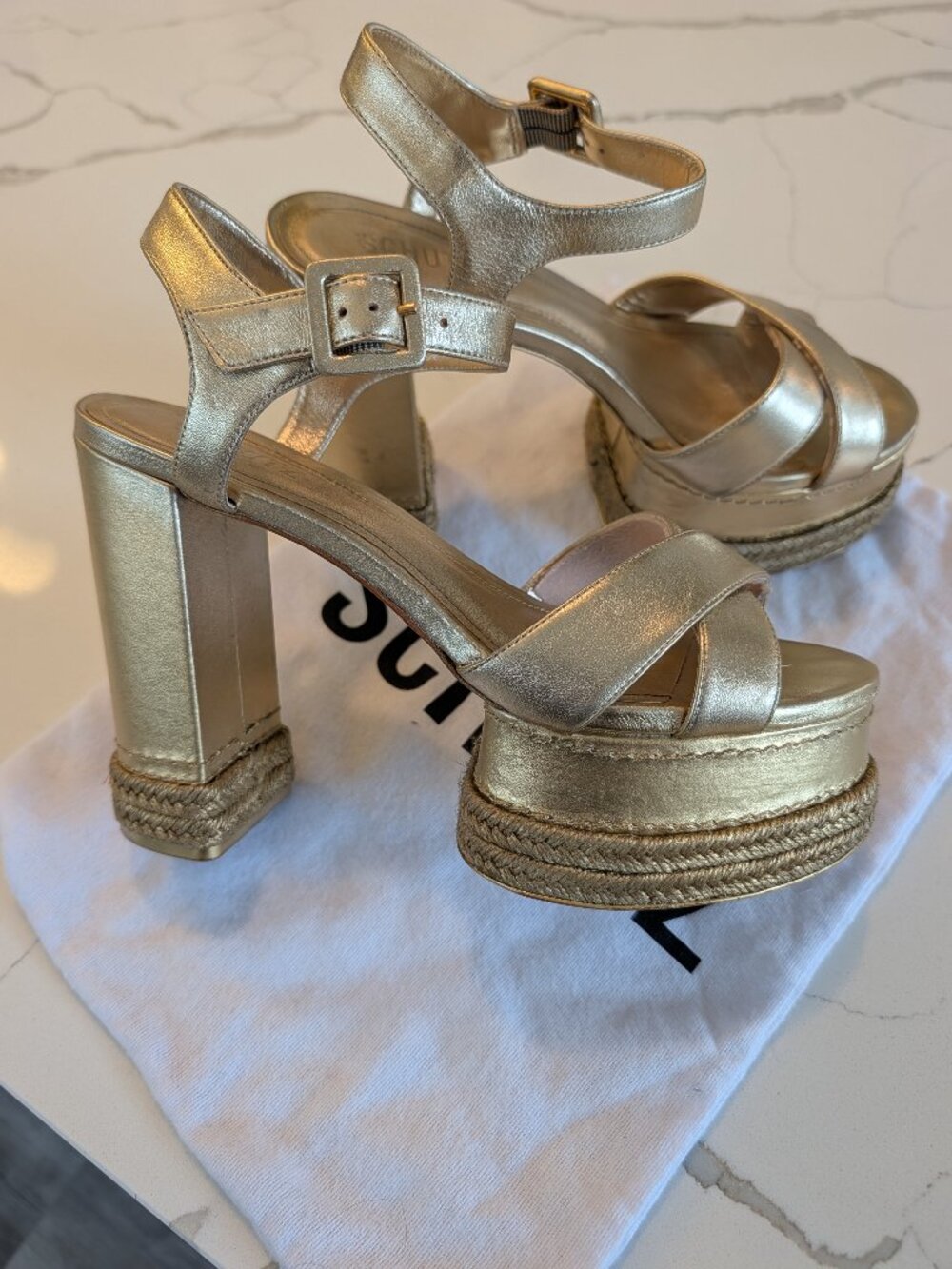 Schutz Hilda Rope Metallic Gold Platform High Block Heel Sandal 8.5 worn once!